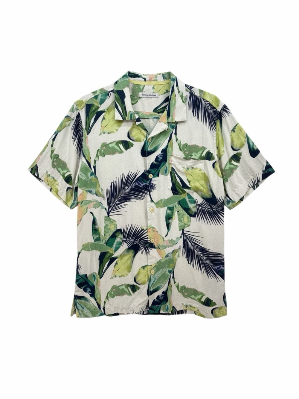 Tommy Bahama Garden of Palm Tropical Leaf Silk Camp Shirt - Green Coconut & Navy